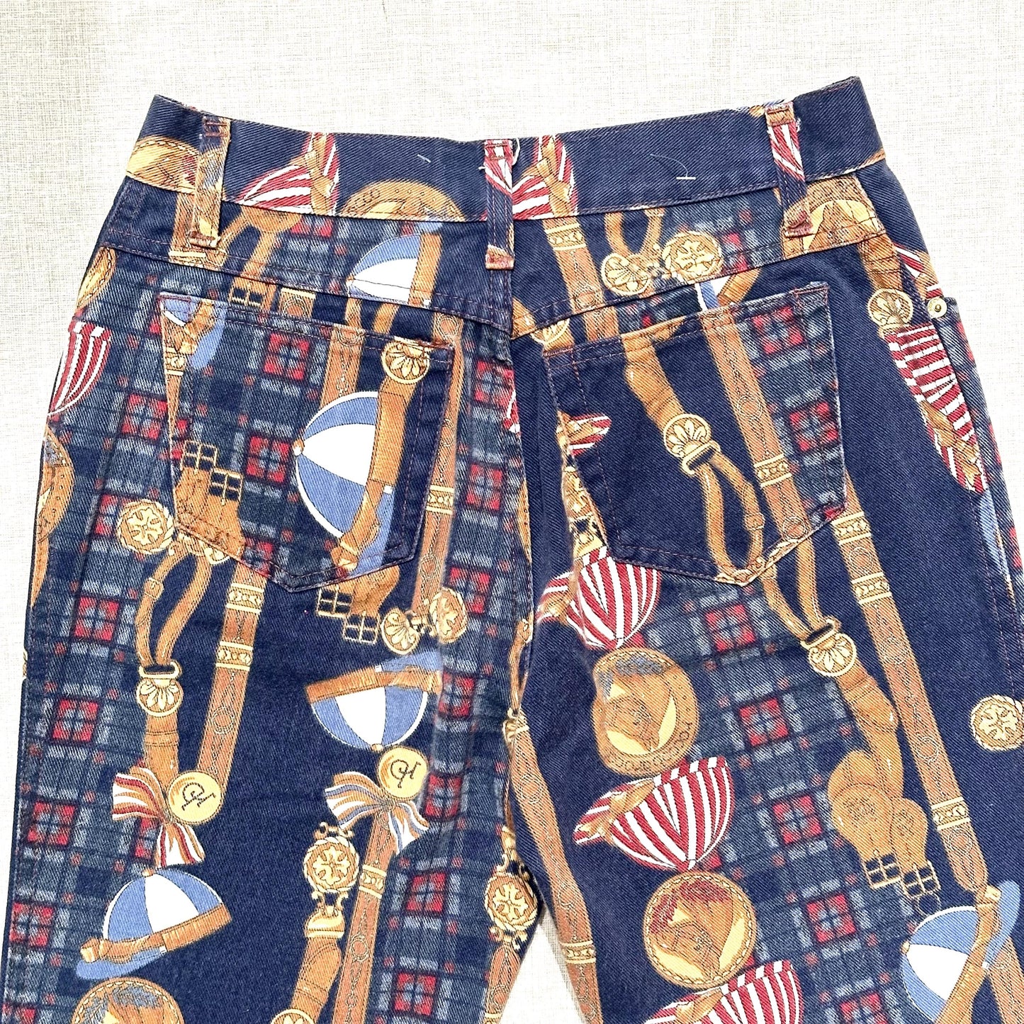 Roccobarocco vintage blue jeans with baroque print allover and horse riding themed designing size 31 90s