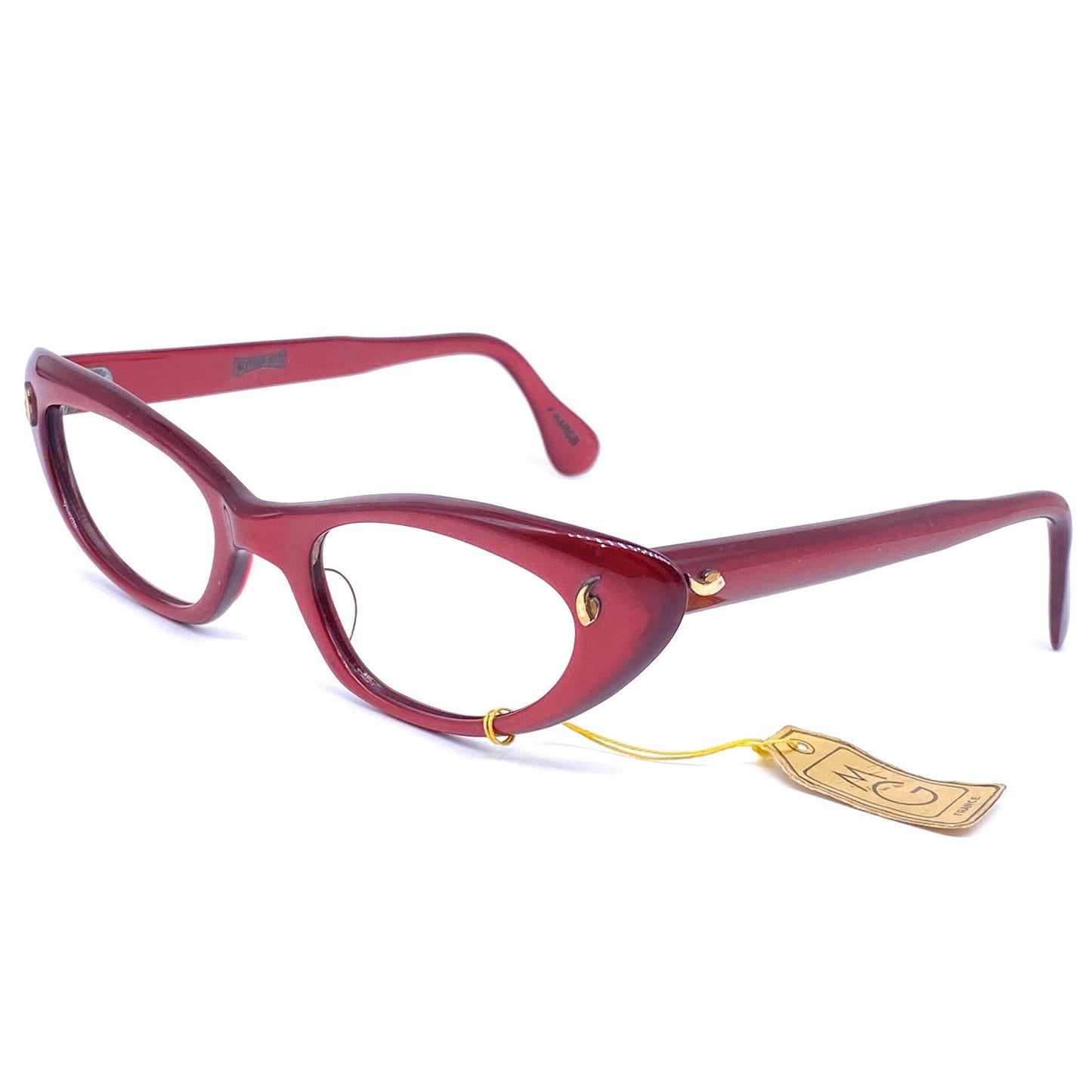 Interoptica 1950s NOS cateye eyeglasses frames, burgundy with gold pins, mint condition new with tags.