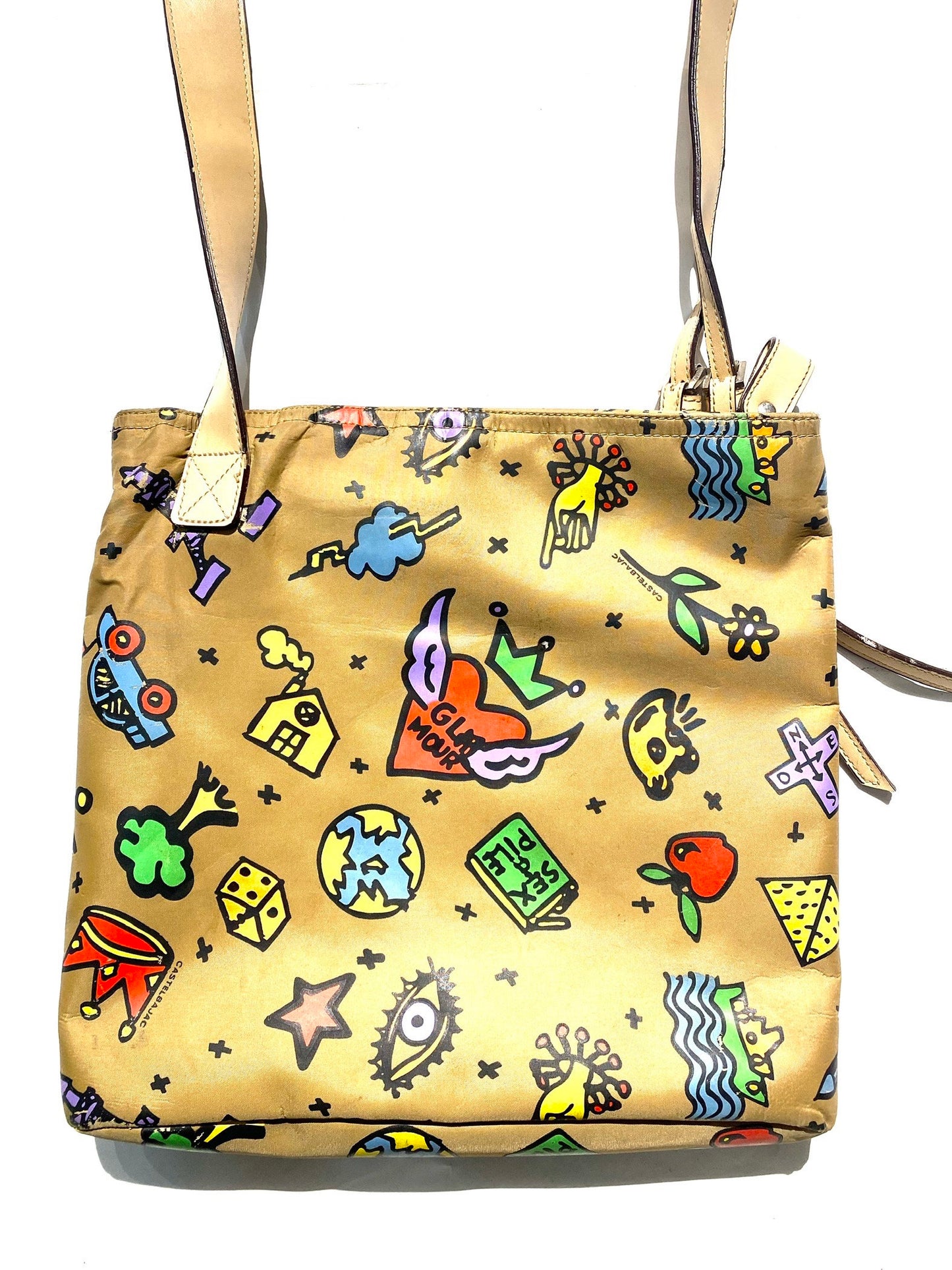 J.L.Castelbajac beige canvas-leather shoulder bag w pop-art comics print allover, great condition