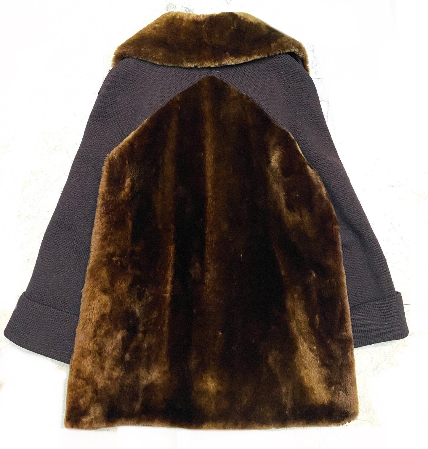 Pure 1970 Real fur coat w Knitted wool sleeves, interesting pattern, Great condition
