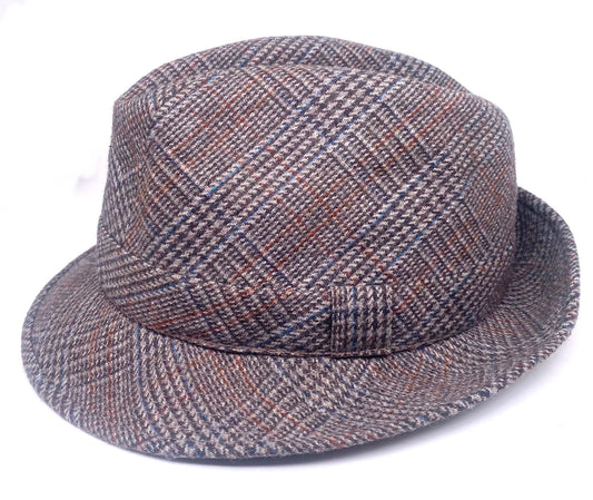Classy grey tartan trilby hat hand made in Italy in the 80s, Pedrotti hats maker NoS