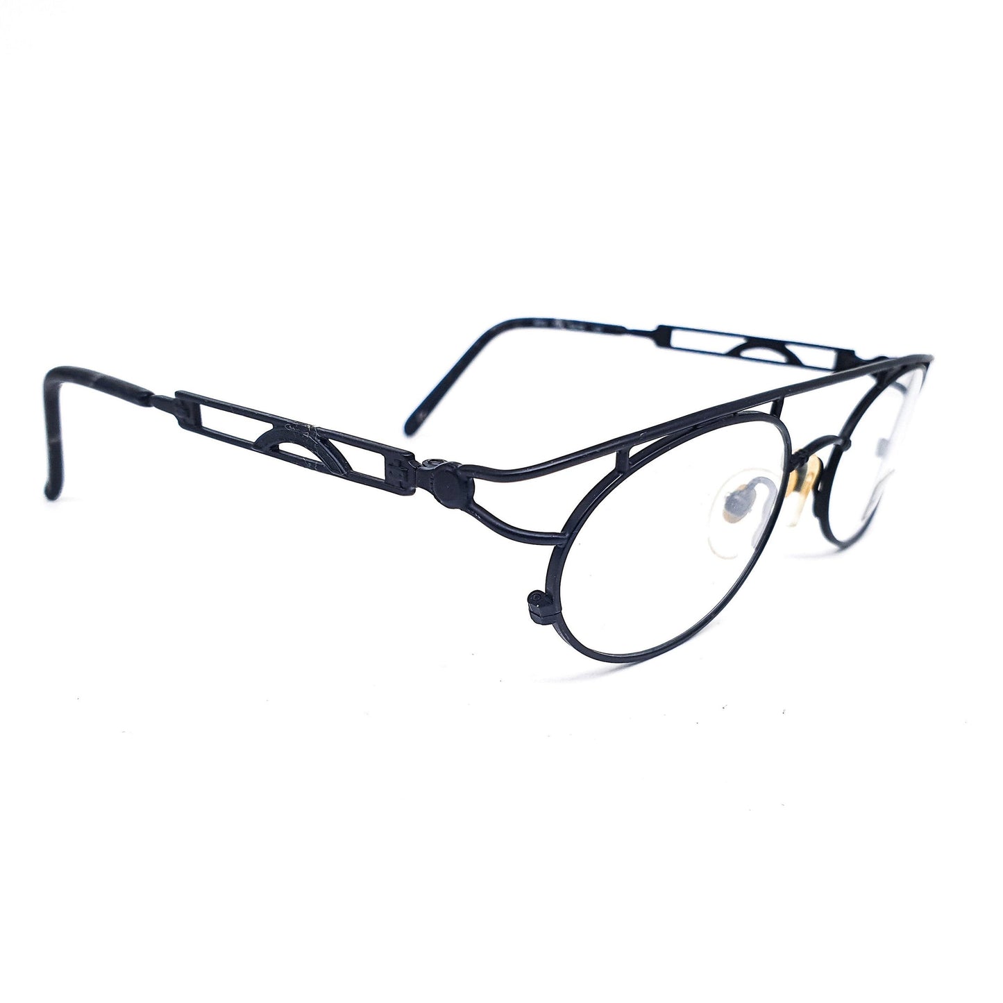 Moxxi Mato by Visibilia vintage black steampunk oval metallic eyeglasses frames with special flat browline NOS 1970s