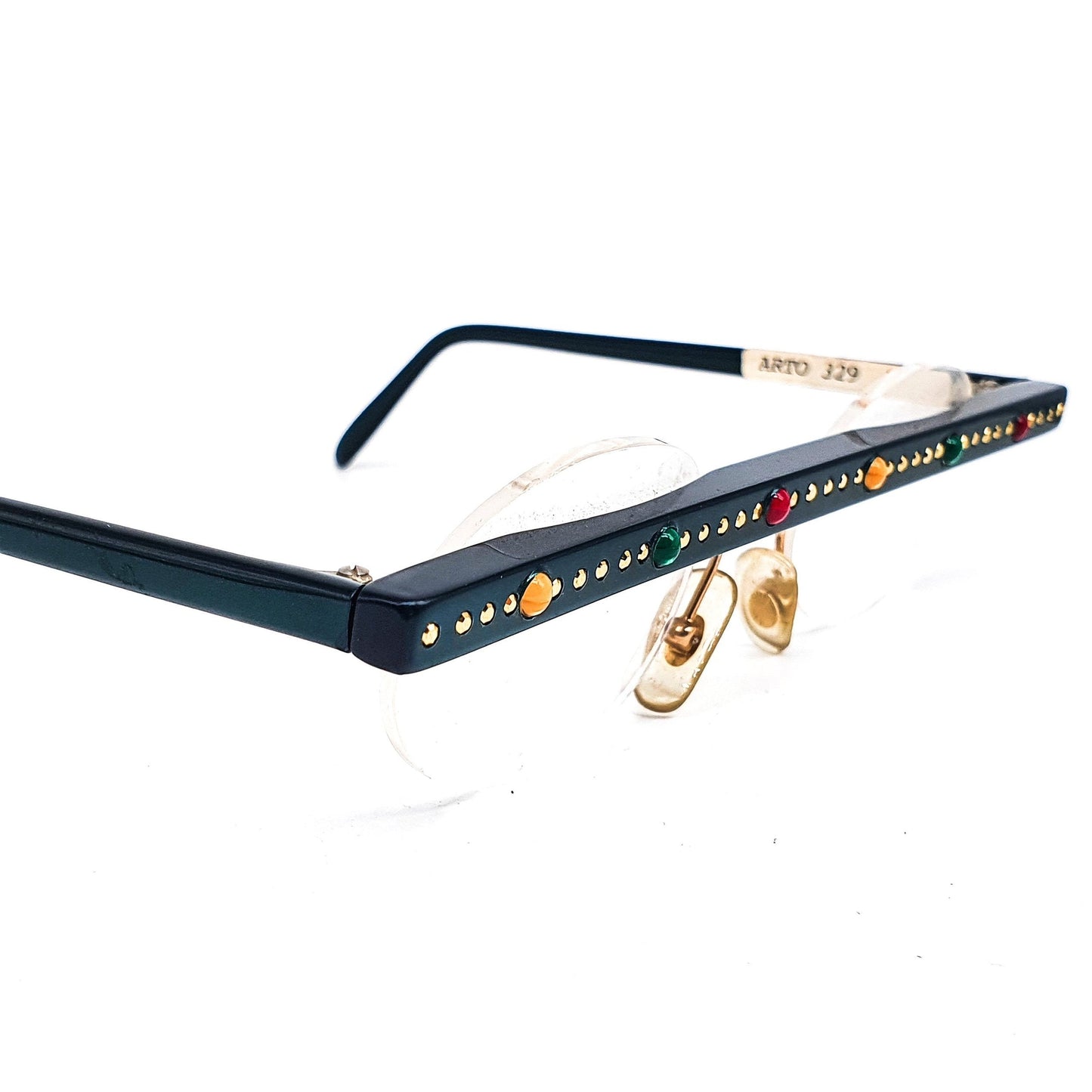 Arto montature per occhiali ovali senza montatura con una bellissima linea sopraccigliare piatta decorata con gemme colorate, anni '80 nos