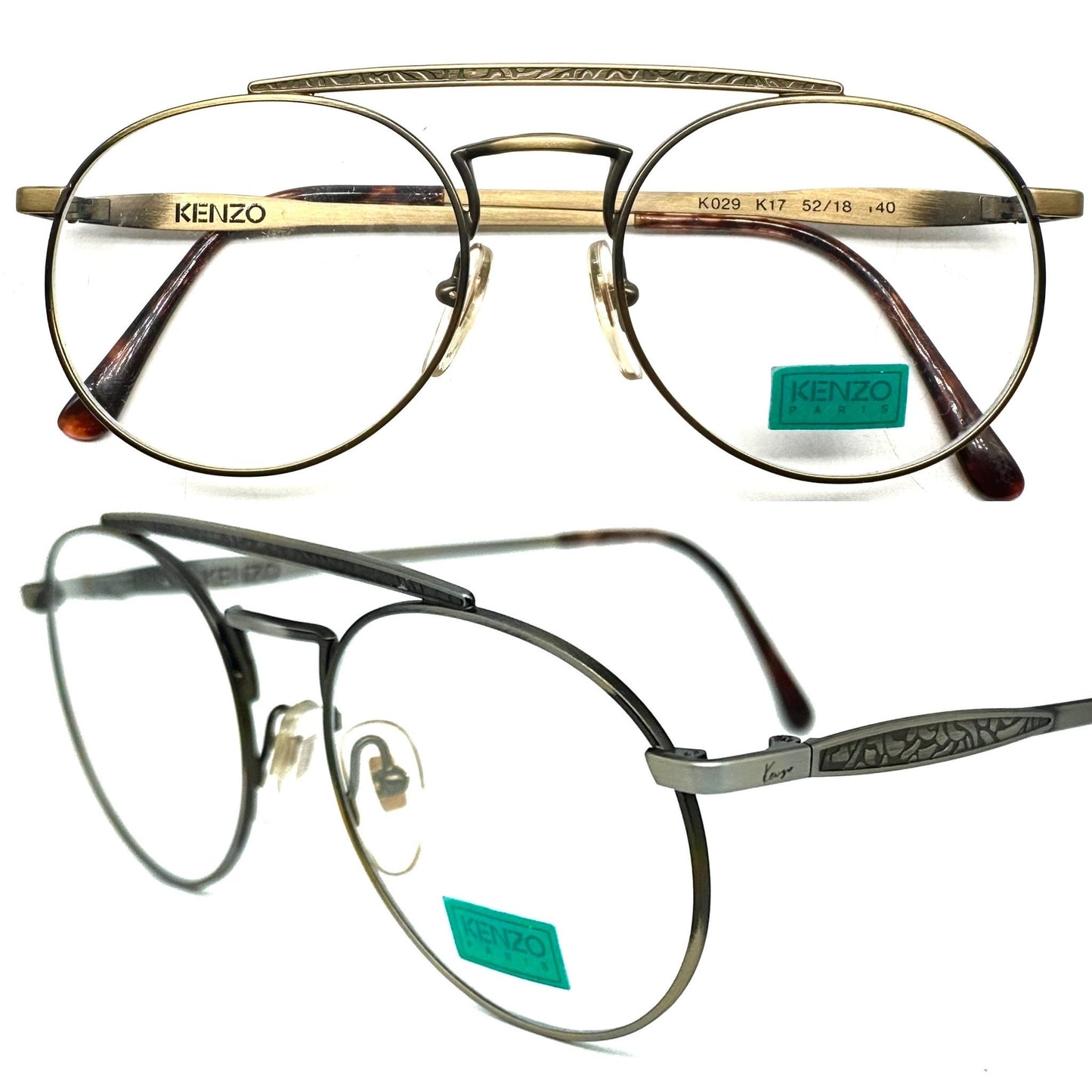 Kenzo 029 round dbl bridge aviator glasses frames w- carved deco details, NOS 80s France