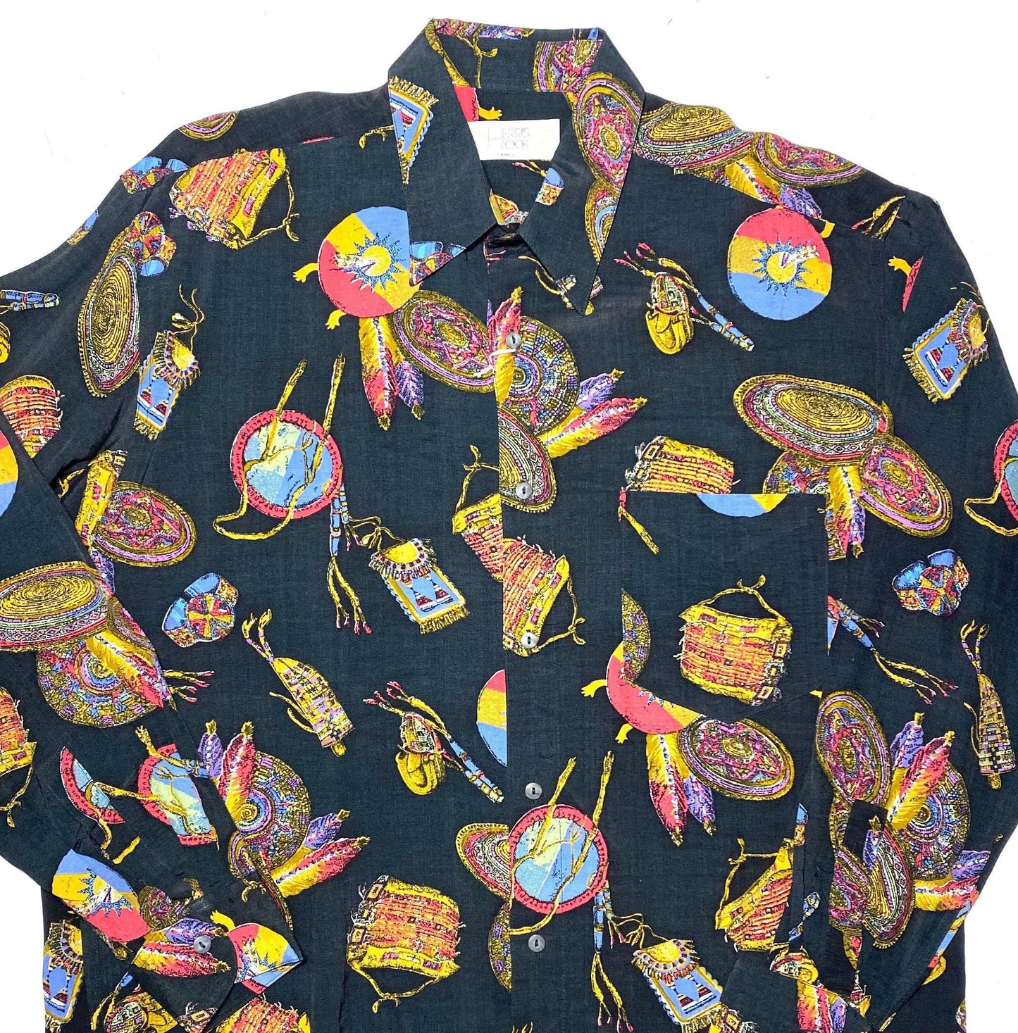 Harris Look 80s black shirt with navajo paraphernalia allover, new old stock made in Italy 2 pcs available