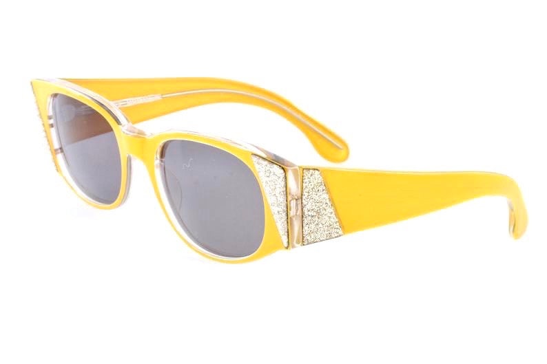 NV Marylin one of a kind rocker sunglasses, yellow / silver glitter asymmetrical pattern , NOS 80s mint