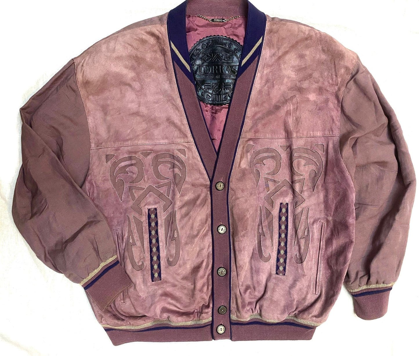 Torras pale purple bomber jacket in suede leather & linen canvas , 90s hand made in Spain, Mint