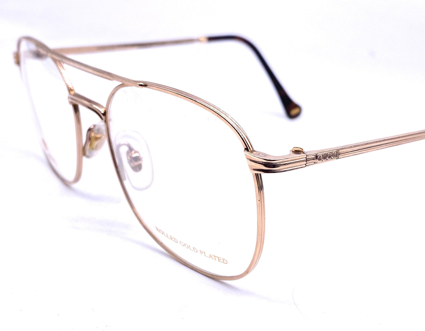 Gucci 1272 Rolled gold dbl bridge aviator eyeglasses with carved details, NOS 80s Italy