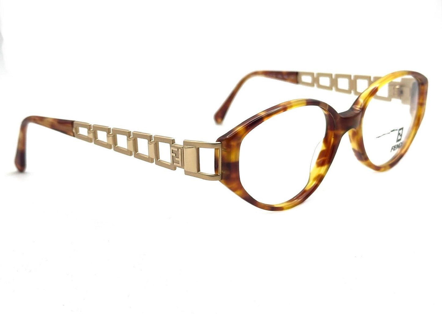 Fendi 7536 iconic cutoff chain temples tortoise cateye frames hand made in Italy, 90s NoS
