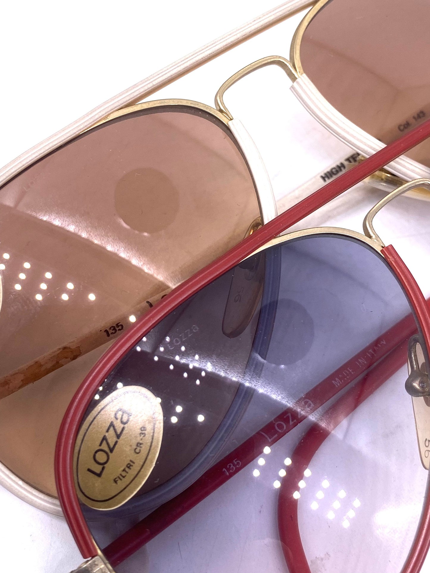 Lozza high tech HD vynil rolled golden metal aviator sunglasses w fade lenses, 1970’s  NOS Italy