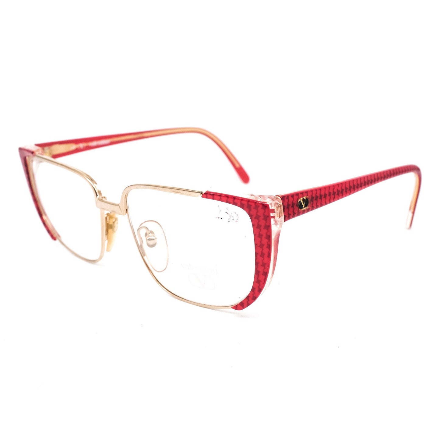 Valentino 133 red cateye cello eyeglasses frames with houndstooth pattern with metal parts in gold, 1980s NOS Italy