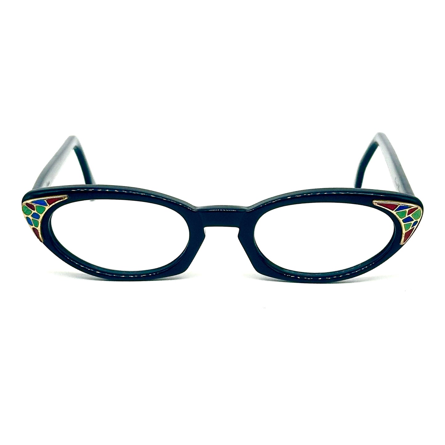 Shuron USA black cateye glasses with colored mosaic detail on golden triangular plaque on the sides style 1960 NoS