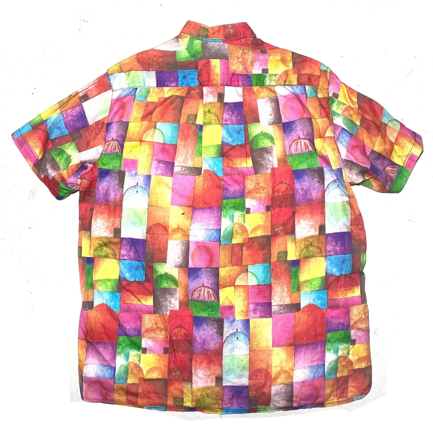 Paul Klee style short sleeved shirt, watercolor painting print by Star astistic fabrics Como, mint