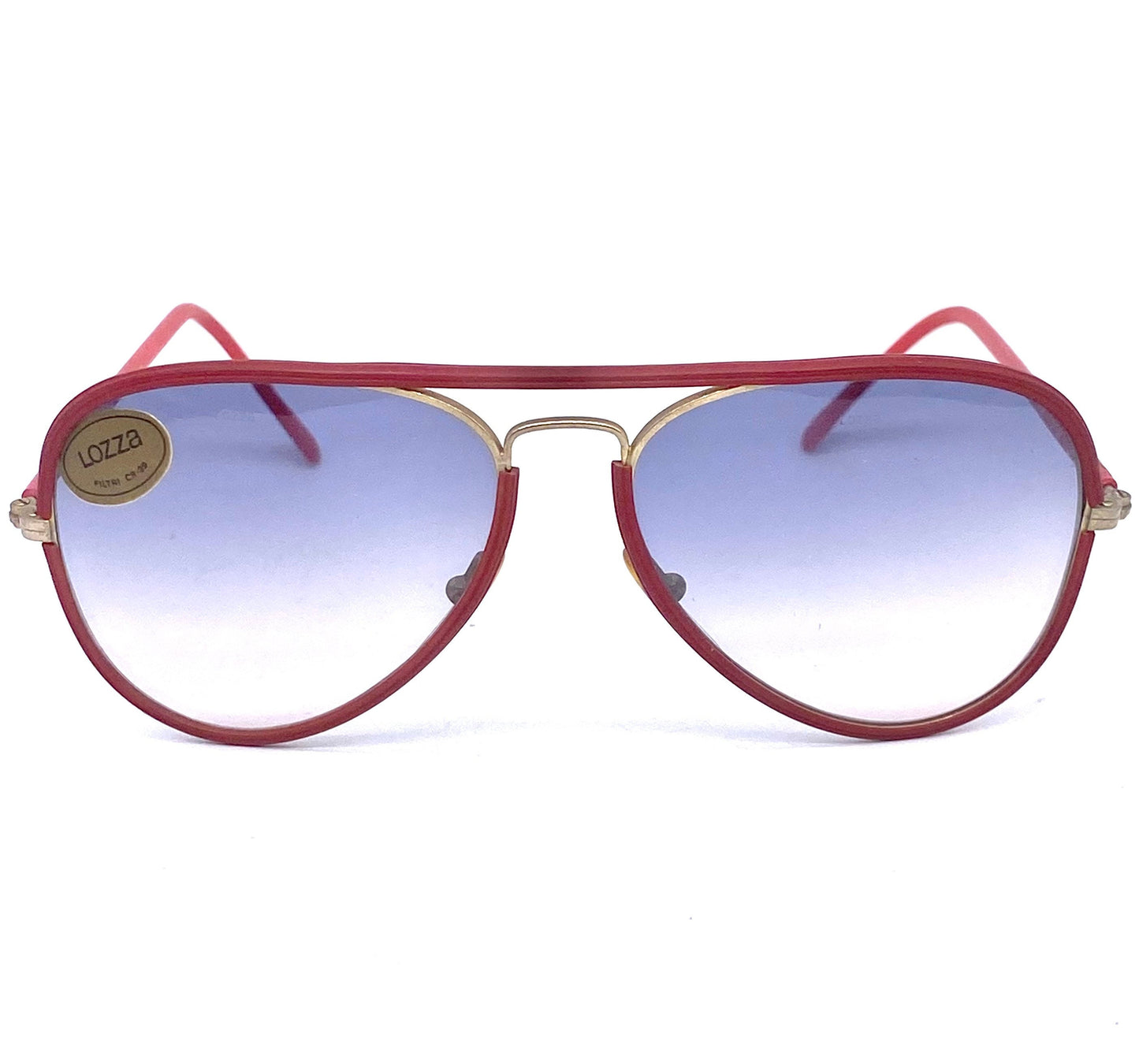 Lozza high tech HD vynil rolled golden metal aviator sunglasses w fade lenses, 1970’s  NOS Italy