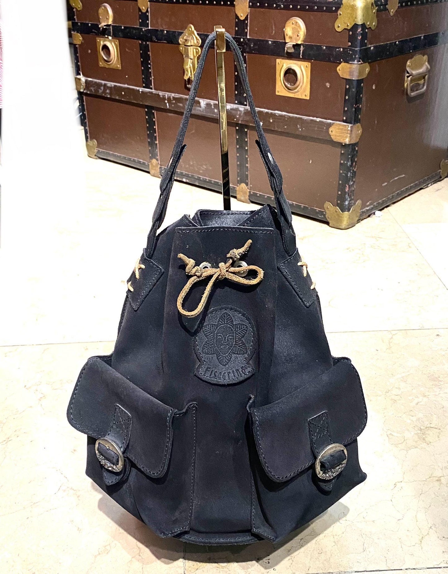 Artisanal black suede leather backpack / bucket bag with cotton canvas lining, NOS 90s Italy