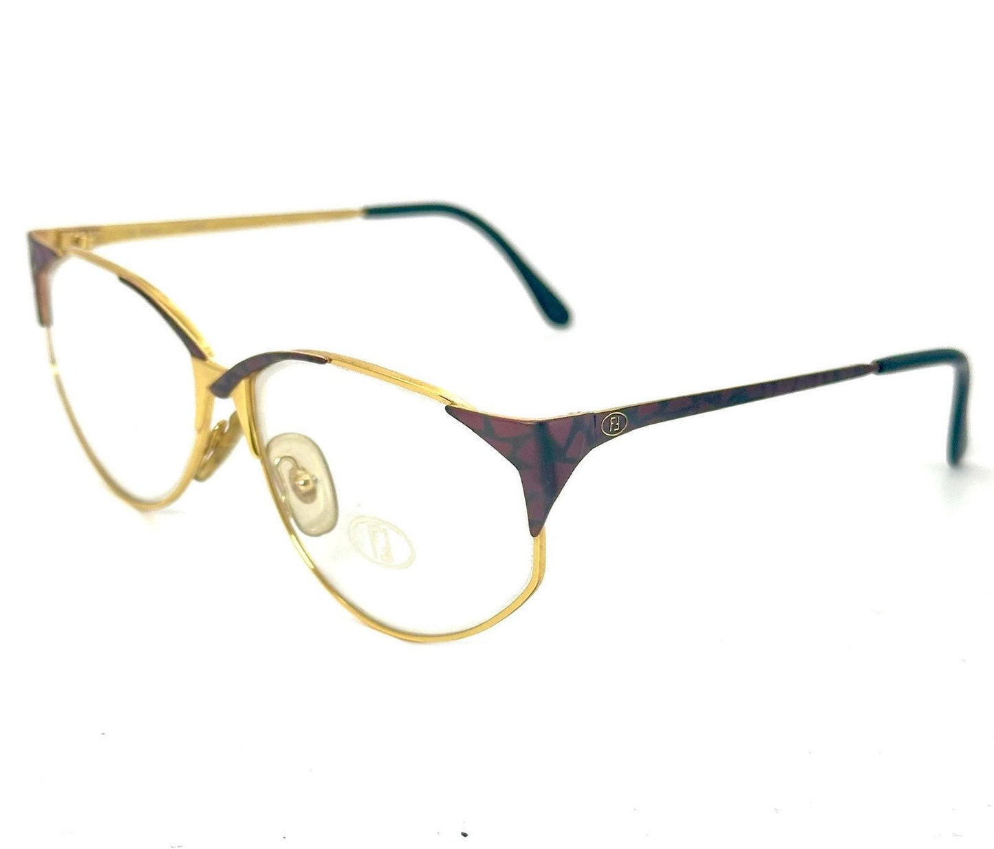 Fendi FV61 Gold-Burgundy asymmetric cateye eyeglasses frames hand made in Italy by Lozza, NOS 80s