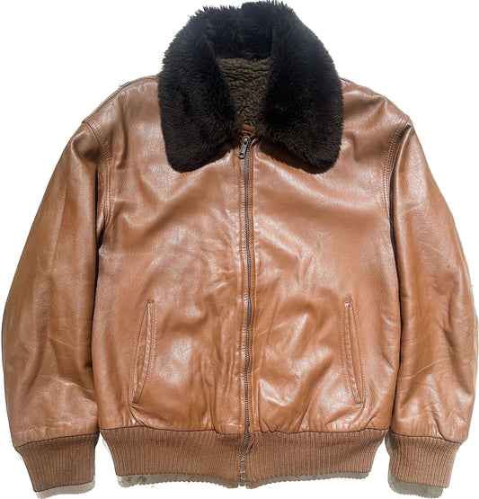 Tan leather flight style bomber jacket w/ faux fur lining & collar, mint condition sz 48