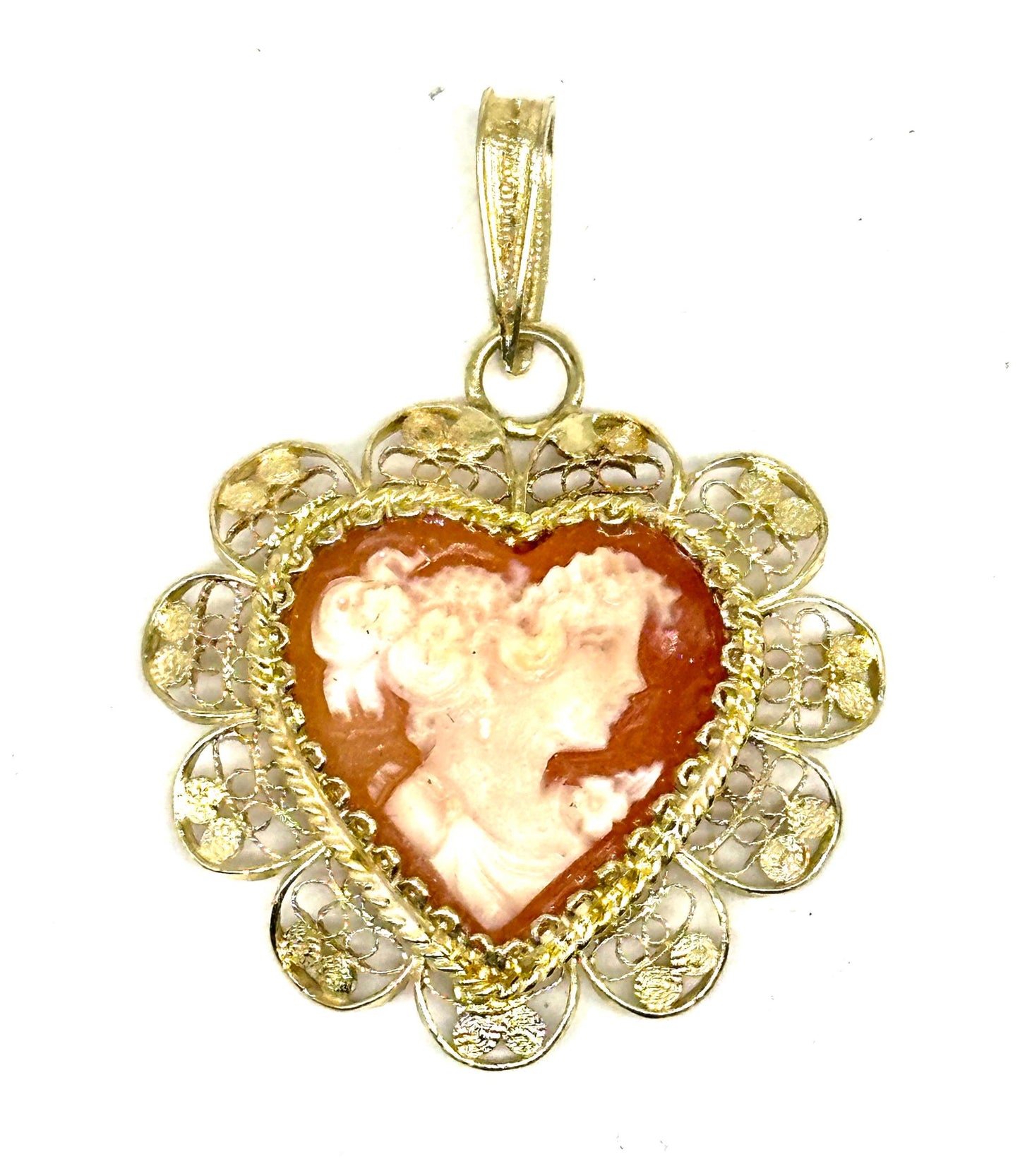 Heart shaped 925 silver/ Gild plated filigree pendant w Victorian portrait in real coral/Shell, 1930s Ca NEW