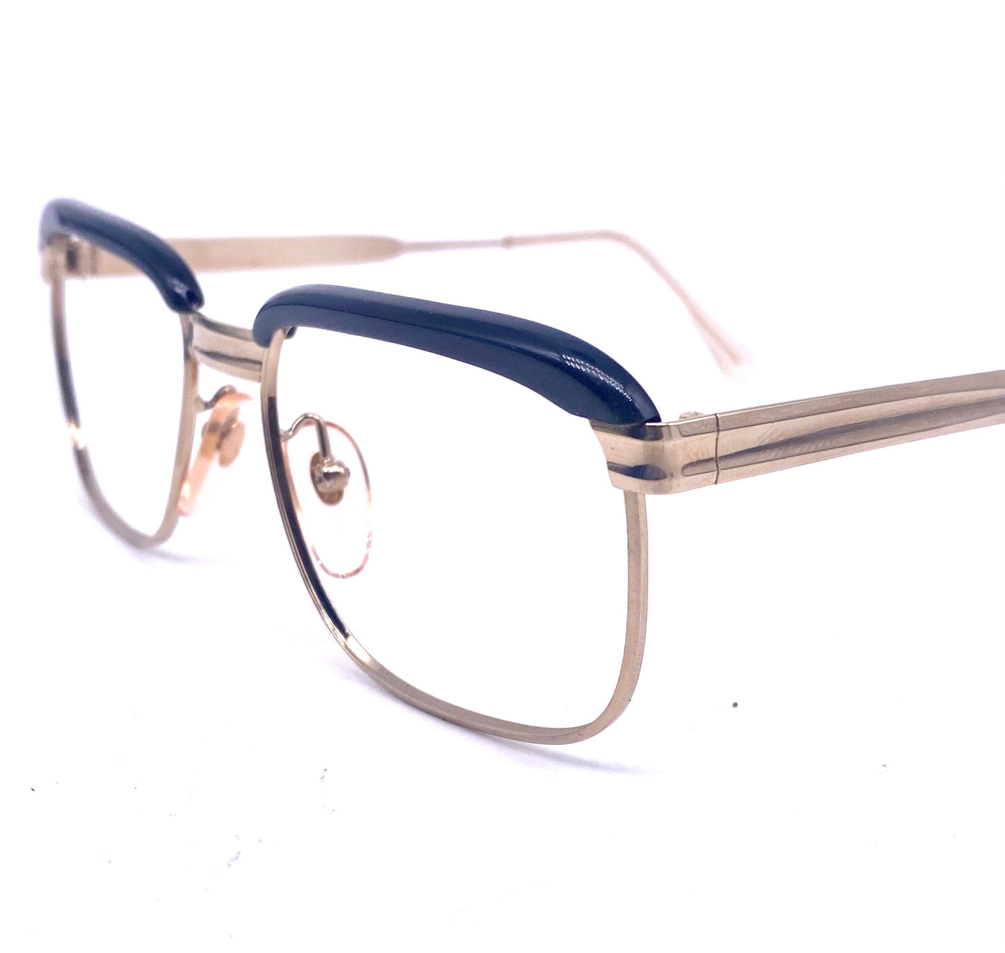 MetalVista Mario 60s iconic square gold plated black rolled brows frames, super geeky, NOS made in Italy