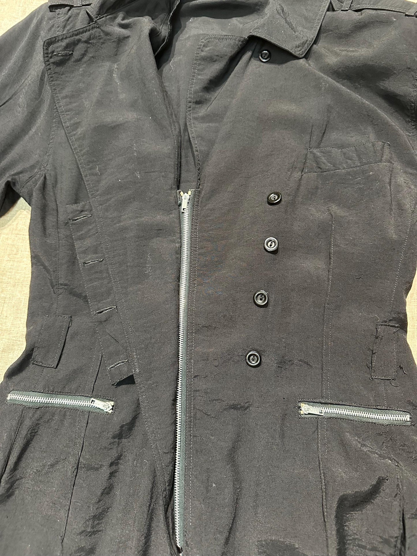 Louis London 1980s Fluid black jumpsuit w silver metal zippers, very contemporary look, sz M / DE36