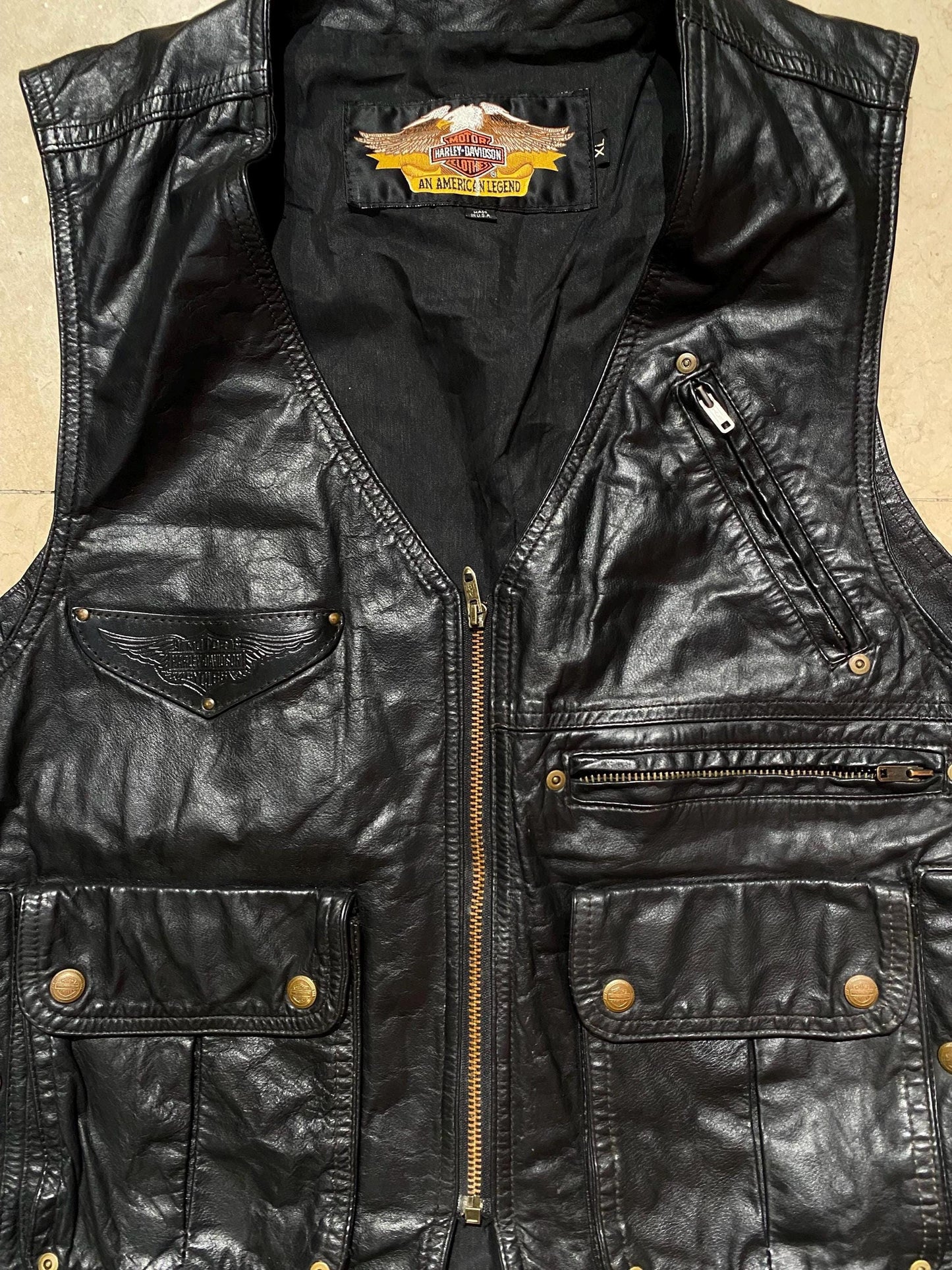 Harley Davidson black leather utility biker vest w 6 pockets 1980z ca made in USA, XL as New!