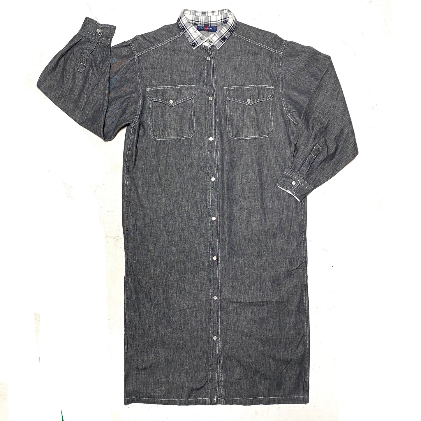 Les Copains grey denim shirt dress with checkered collar, country / chic spring dress 90s Italy