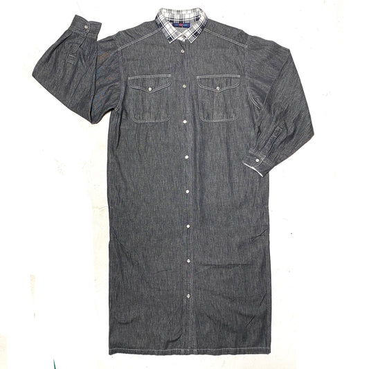 Les Copains grey denim shirt dress with checkered collar, country / chic spring dress 90s Italy