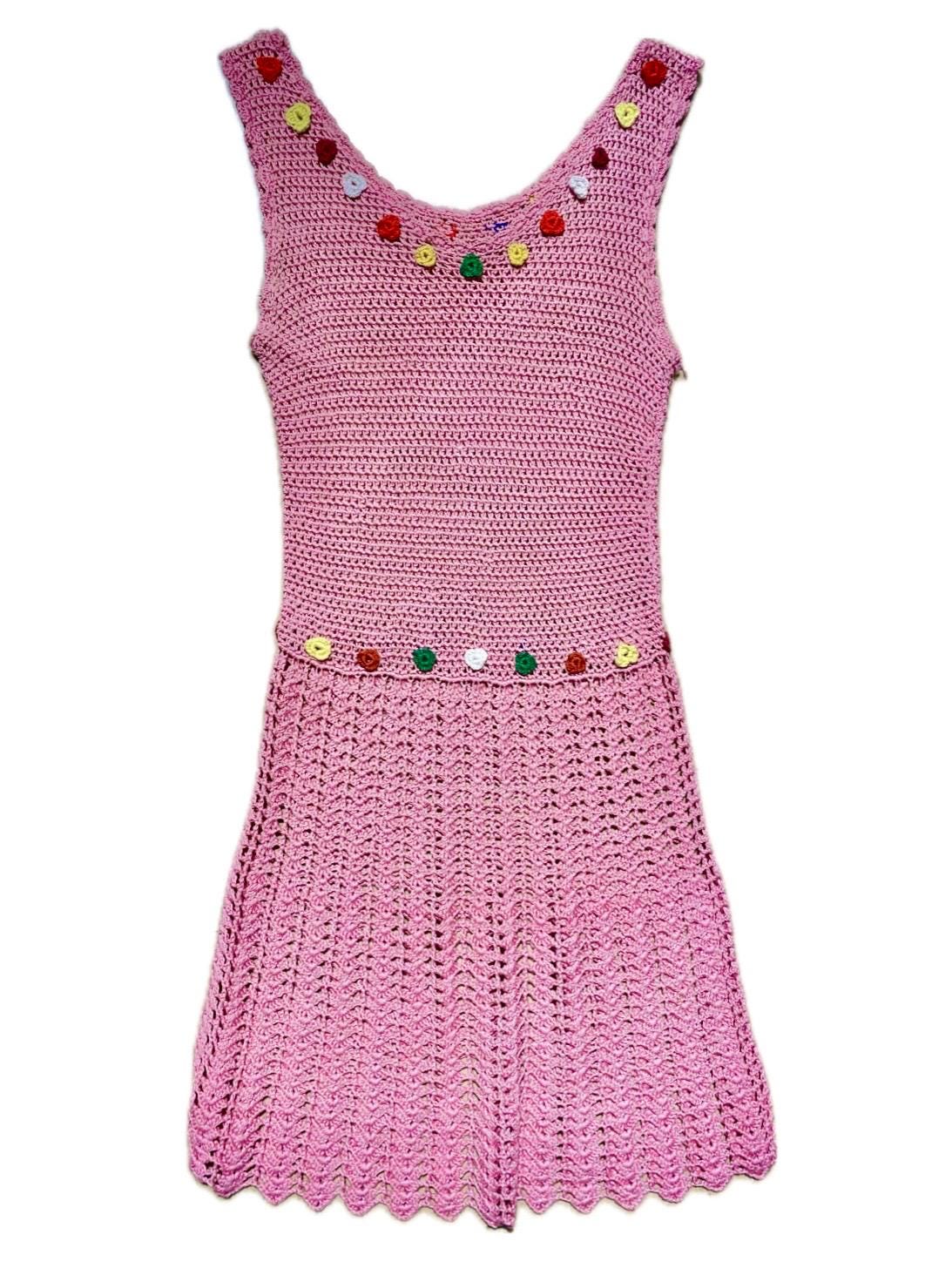 Cutest 1of1 hand knit pink cotton crochet dress w embroidered flowers, mint
