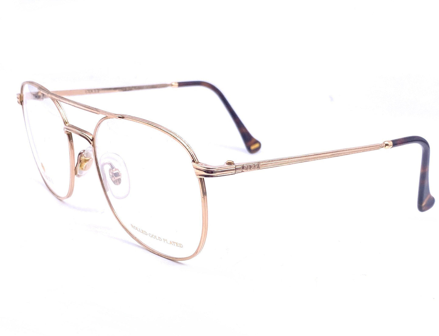 Gucci 1272 Rolled gold dbl bridge aviator eyeglasses with carved details, NOS 80s Italy