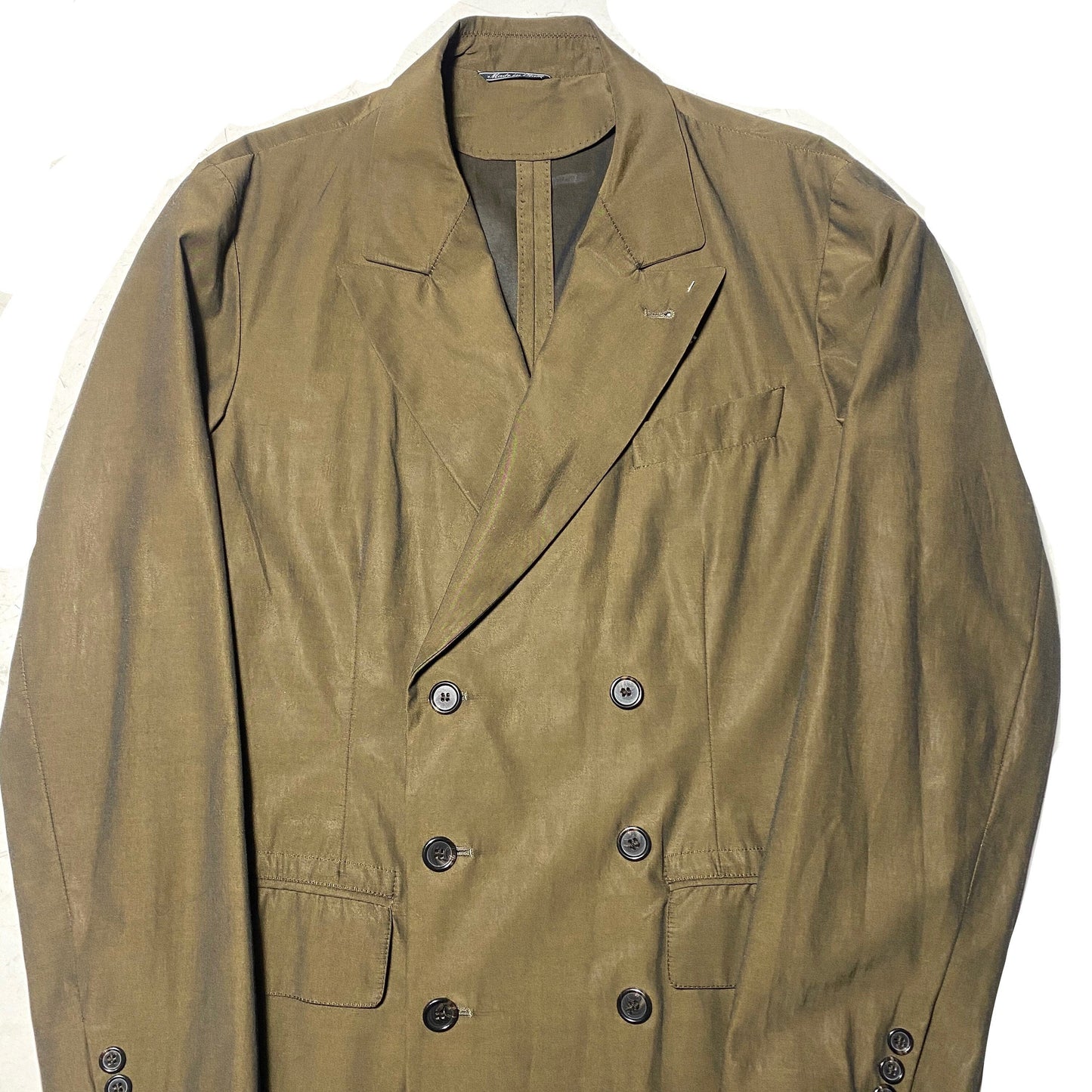Sartorial light dbl breast summer blazer, iridescent military green Bemberg rayon, new old stock 90s