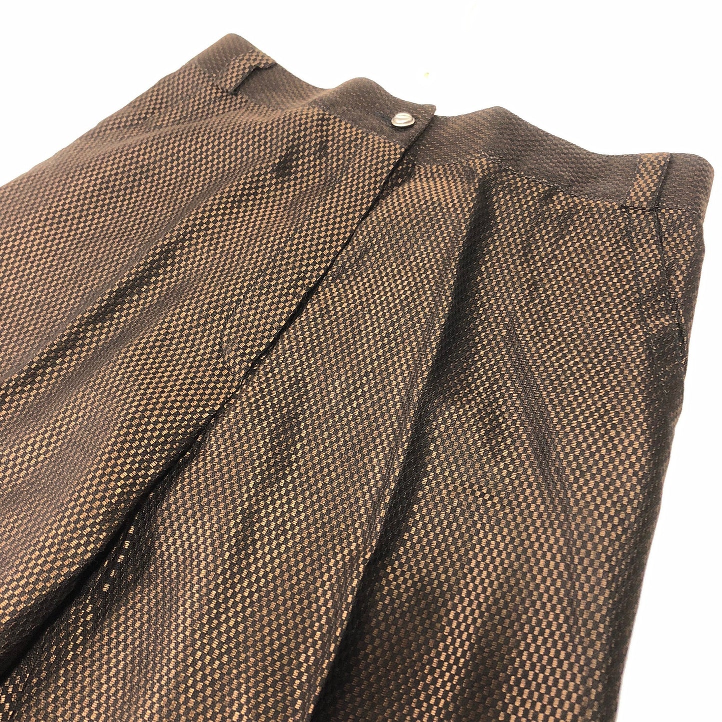 Gianni Versace classy sartorial trousers in brown checkered jacquard viscose, zippered ankles, NOS 80s W Tags