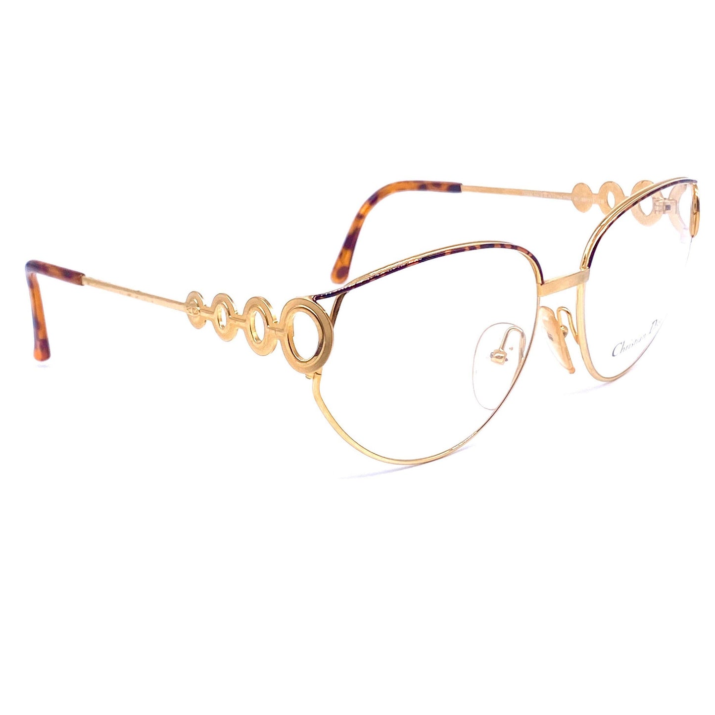 Christian Dior 2750 golden cateye oversized eyeglasses, space age cutoff oblò details, 1980s NOS