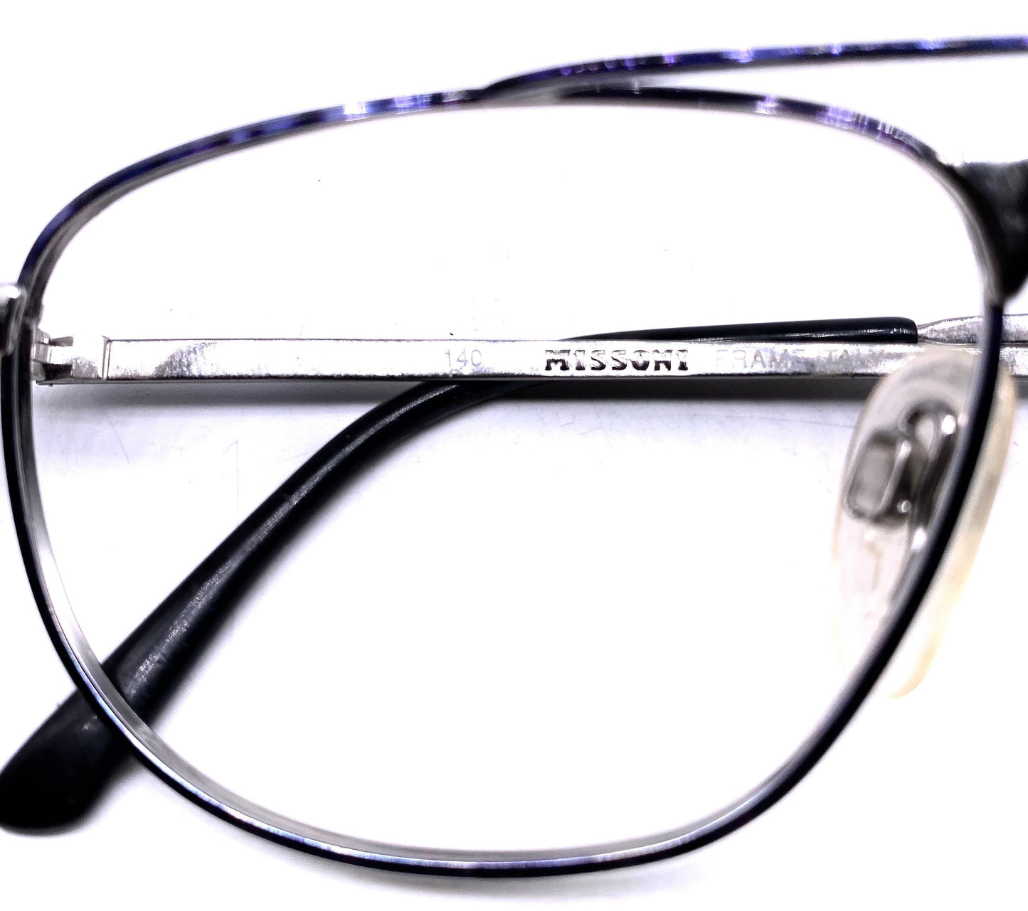 Missoni M833 square dbl bridge glasses in silver metal w blue tortoise alike pattern, NOS 80s Italy