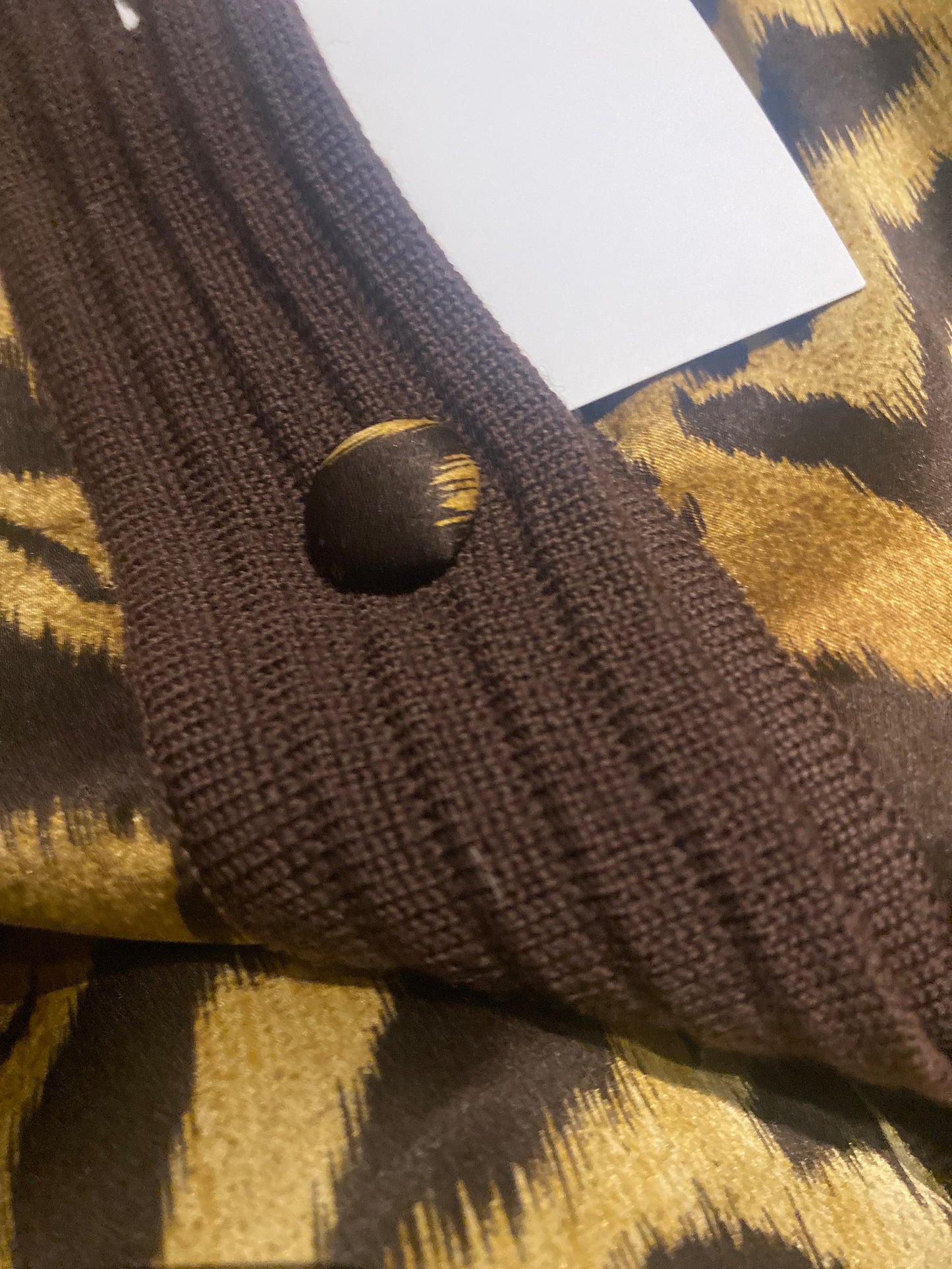 Brown fine wool button up jumper with animalier silk coated front, buttons and collar. artisanal/sartorial make, finest finishings