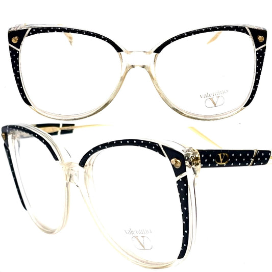 Valentino cool clear/black polka dot oversized ladies eyeglasses frames hand made in Italy, 80s NOS
