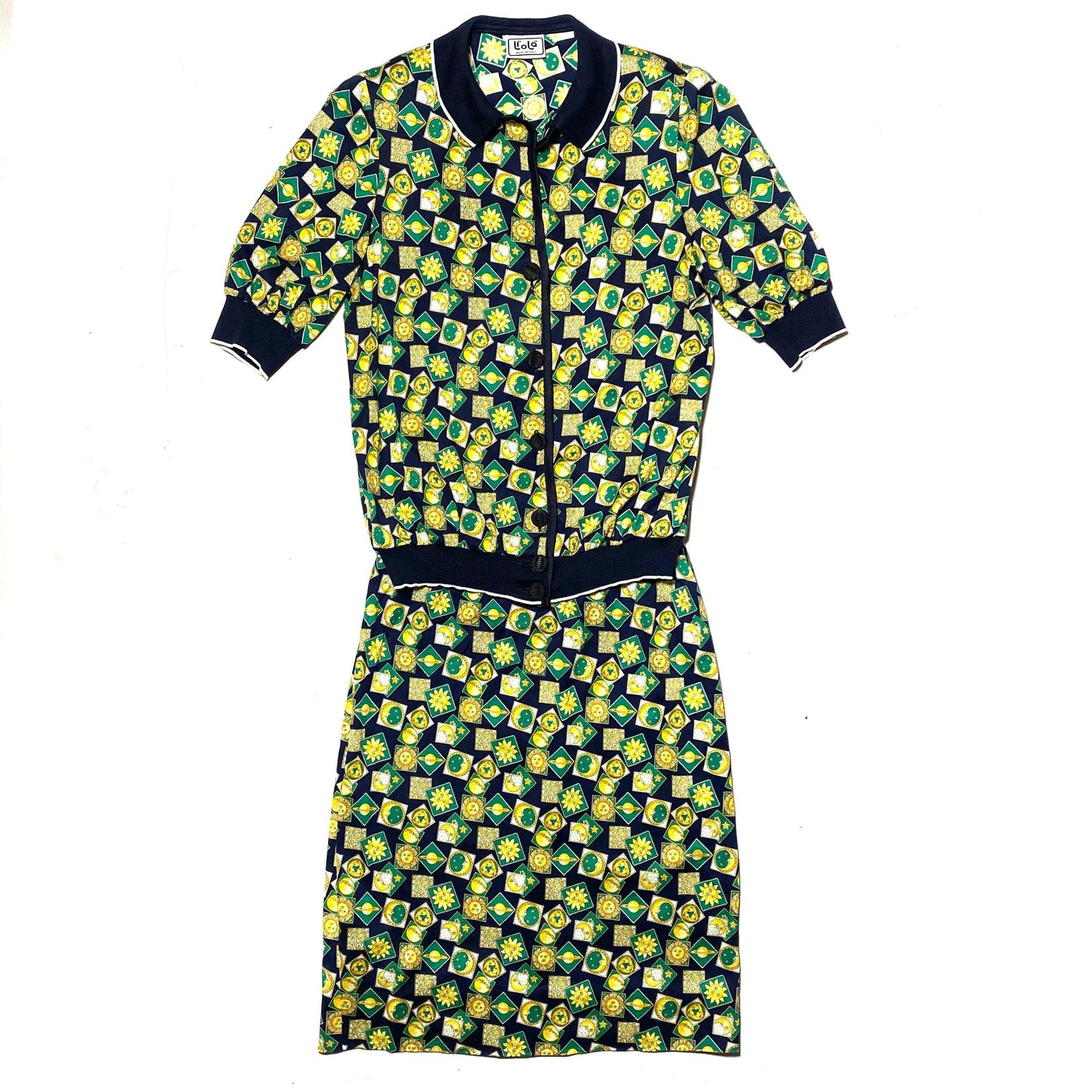 Liolà 2pcs polo/skirt set cotton dress with astology sun/moon/planets allover print, mint condition 80s Italy