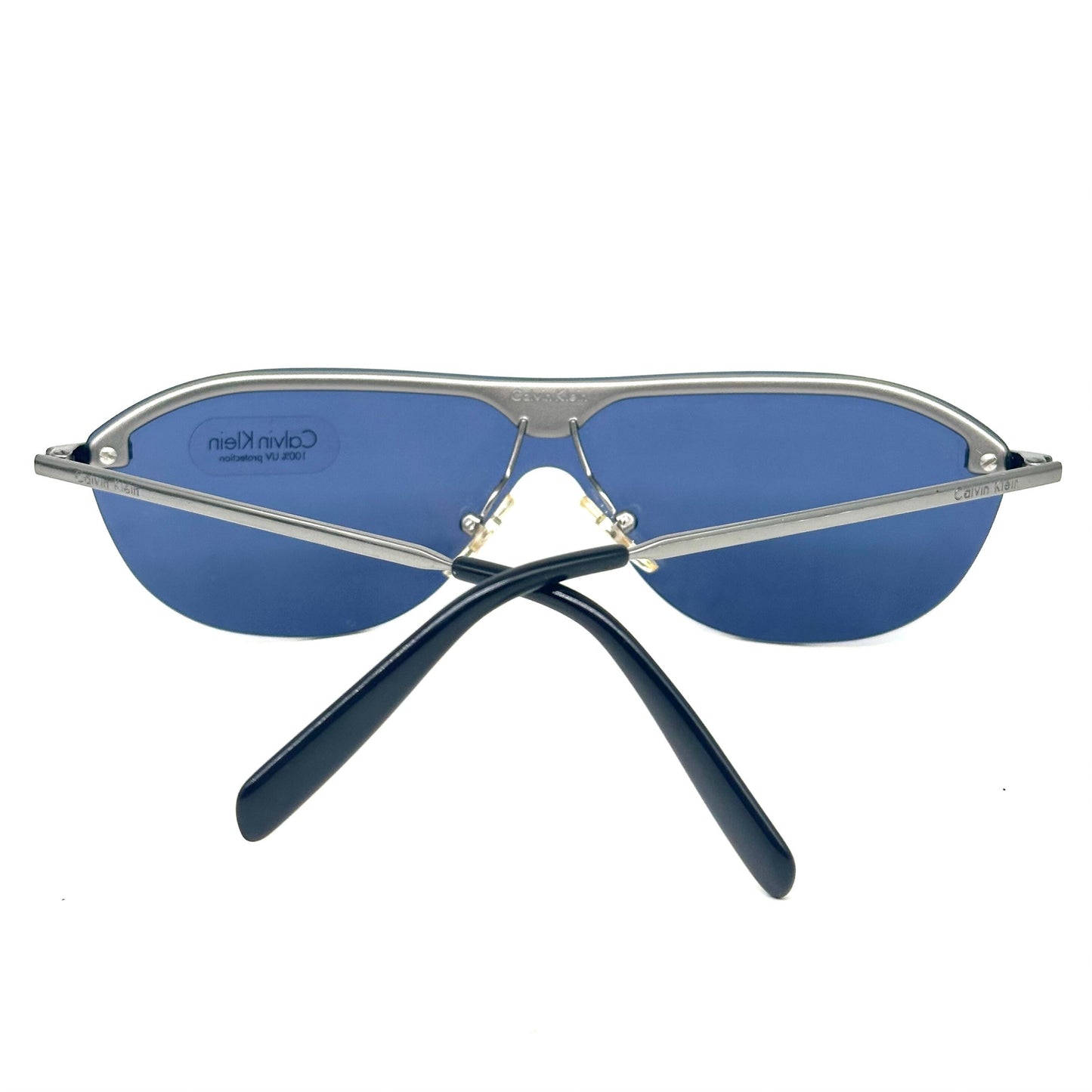 Calvin Klein 168S silver metal shield frames mask sunglasses with blue lens vintage 90s NoS