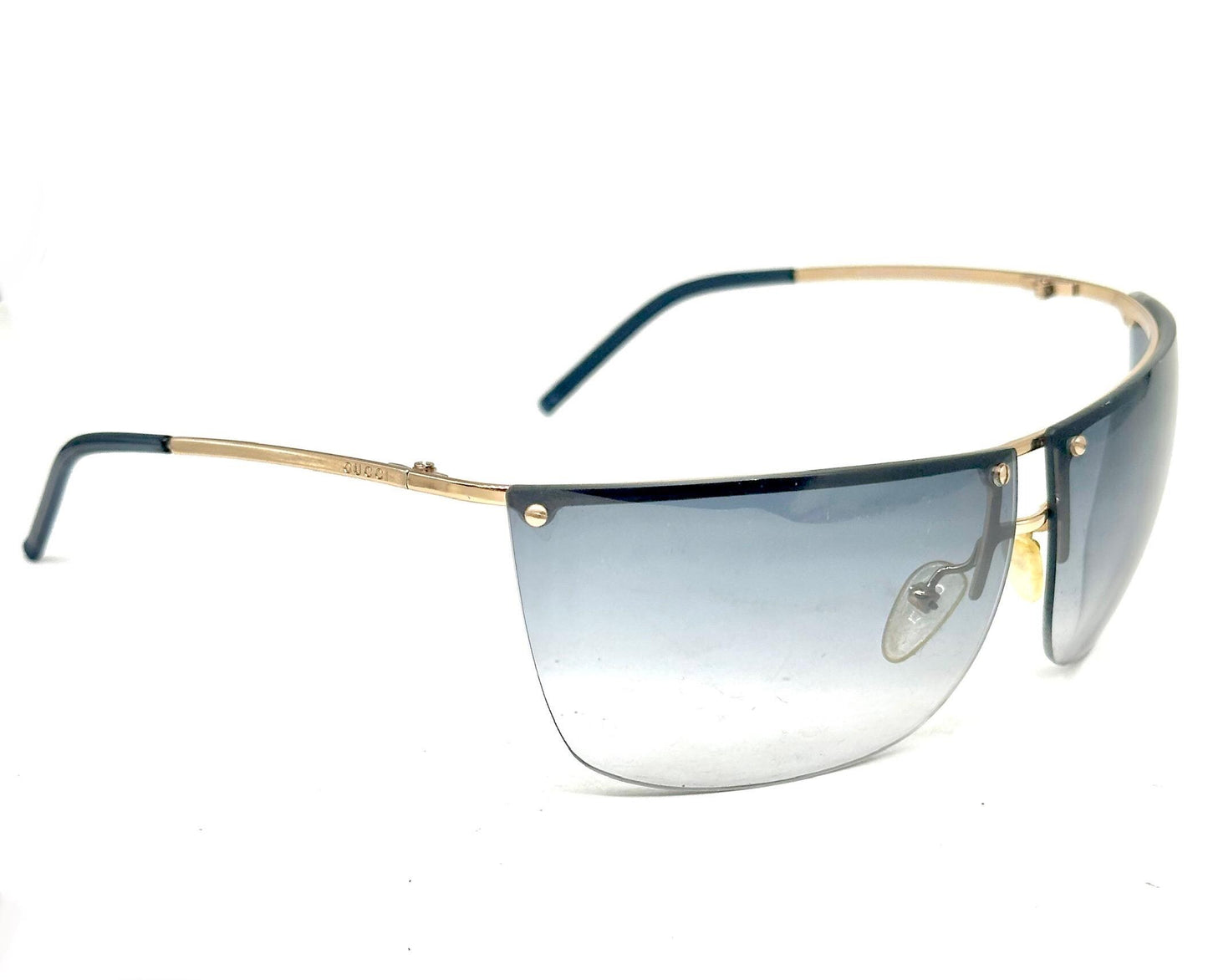 Gucci GG2653 golden rimless wrap sunglasses w grey fade lenses, NOS early Y2K Italy mint
