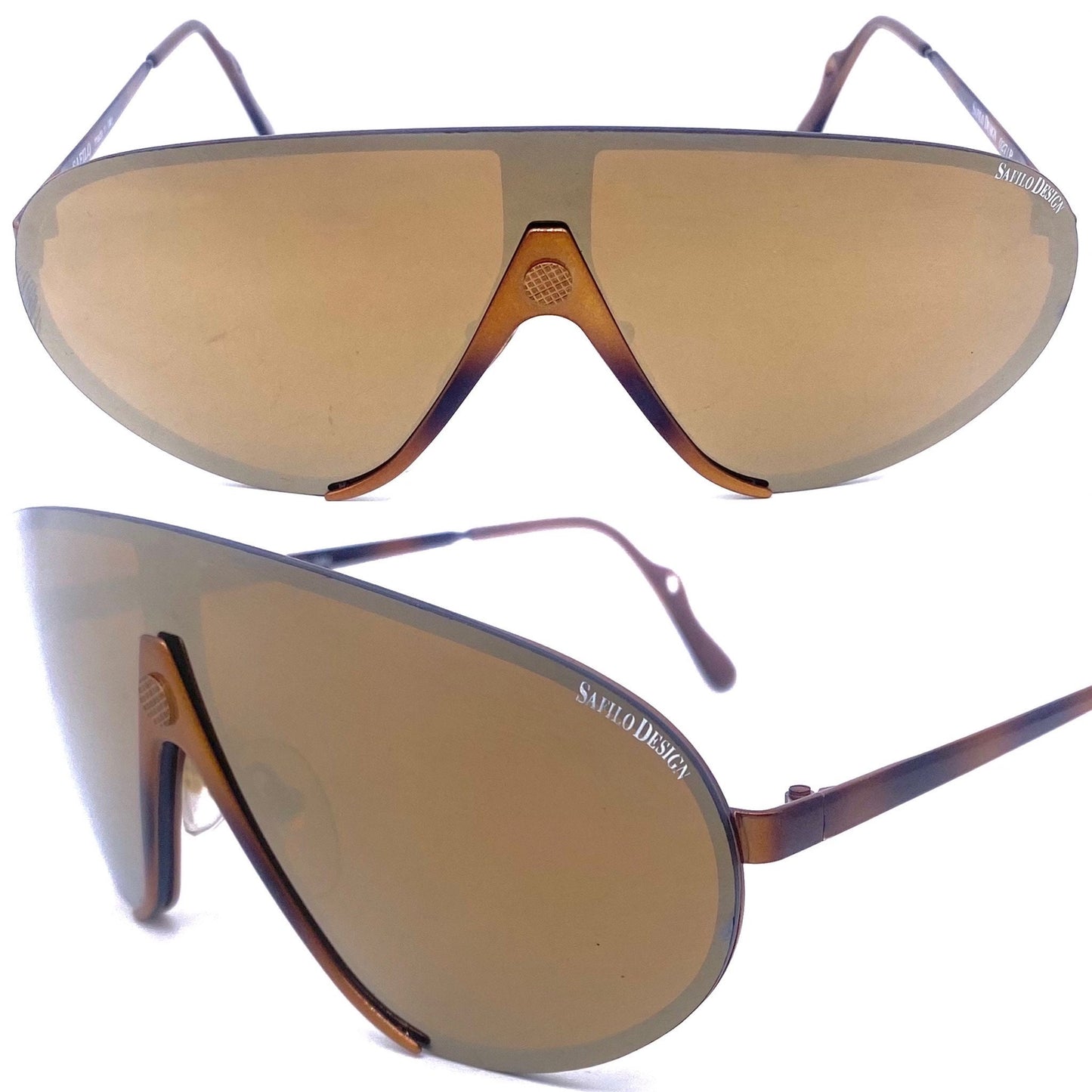 Safilo Design 027/P wrap aviator sunglasses, brown metallized mask-shield design with gold mirrored lens, NOS 80s