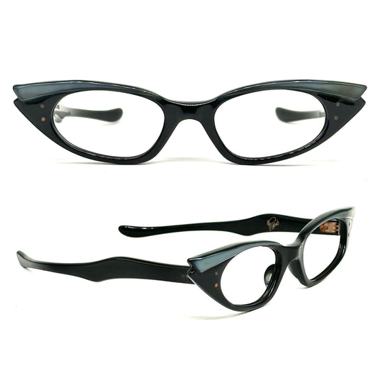 A PARIS vintage black cateye glasses with emerald dark green eyebrow double pointed sides Made in France 1950s luxury style