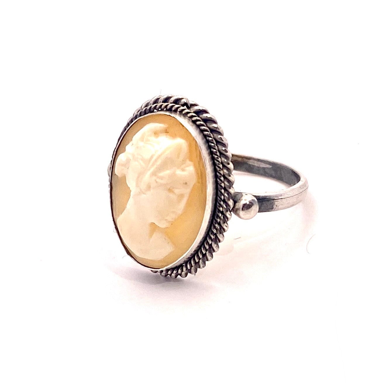 Classy Victorian lady hand carved shell cameo  925 silver ring; classic Italian jewelry NOS 50s