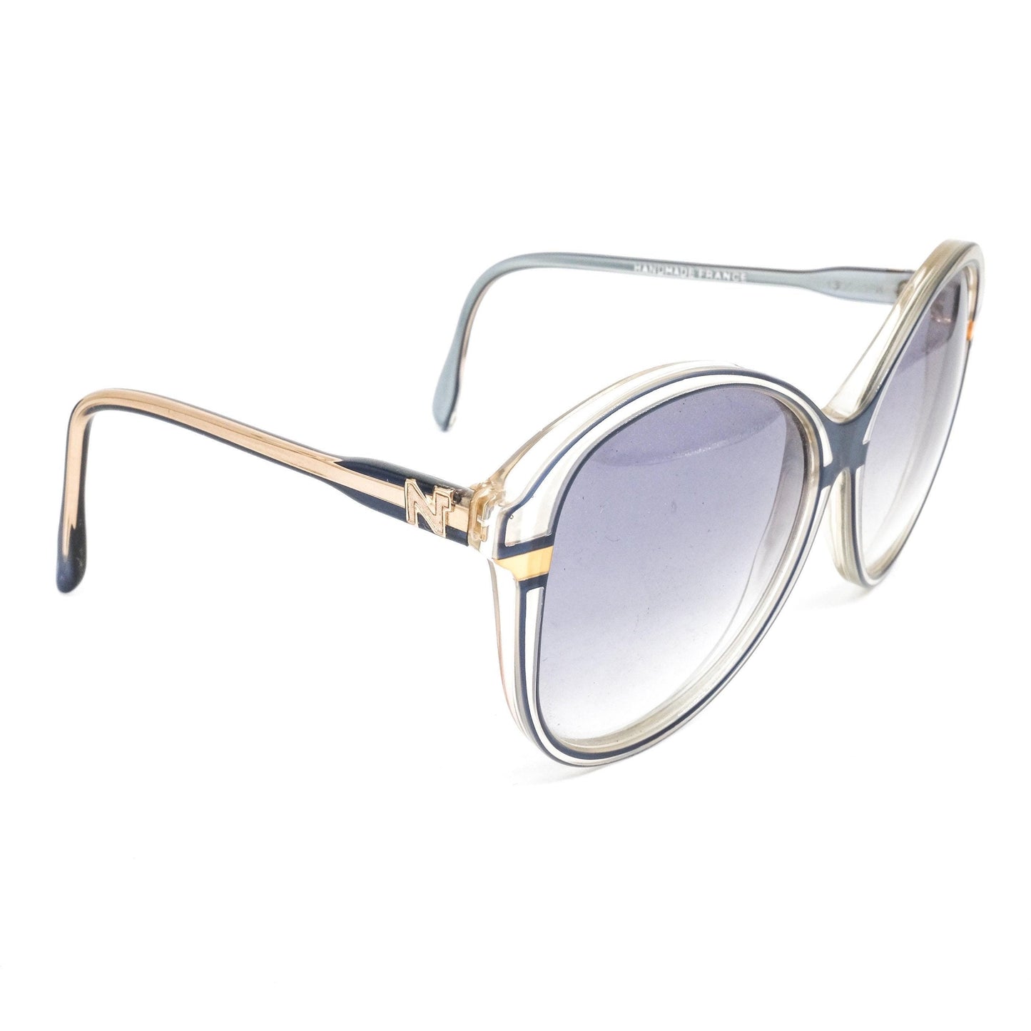 Nina Ricci round oversized blue/gold sunglasses hand made in France, 80s NoS