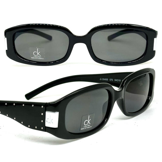 Calvin Klein 3045 sunglasses,  black gloss wrap frames w silver metal studs & branded hinge, NOS