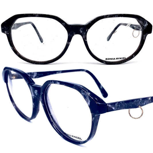 Sonia Rykiel cool black marbled panto flat brow glasses frames hand made in France 80s NoS