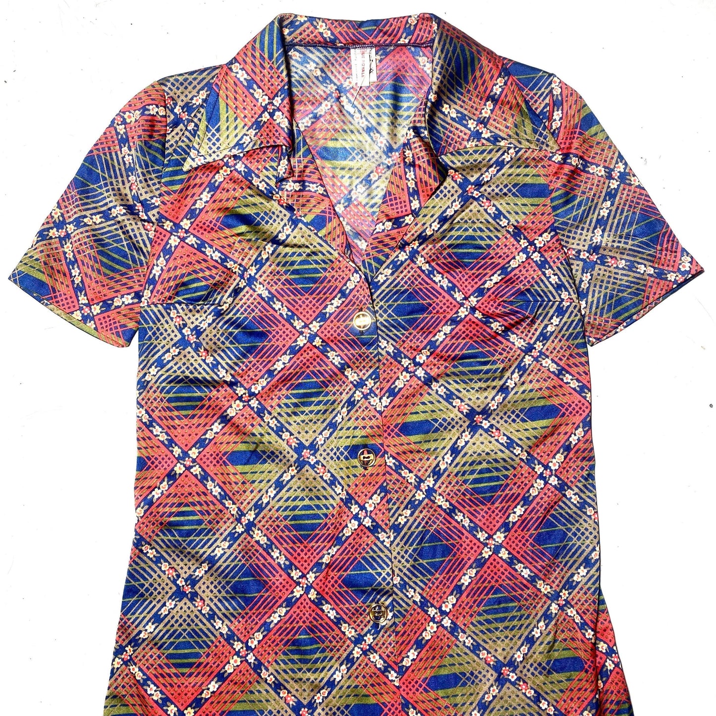 Diana 1970s mini shirt dress, red/blue/green checks & lil’ flowers allover, new old stock