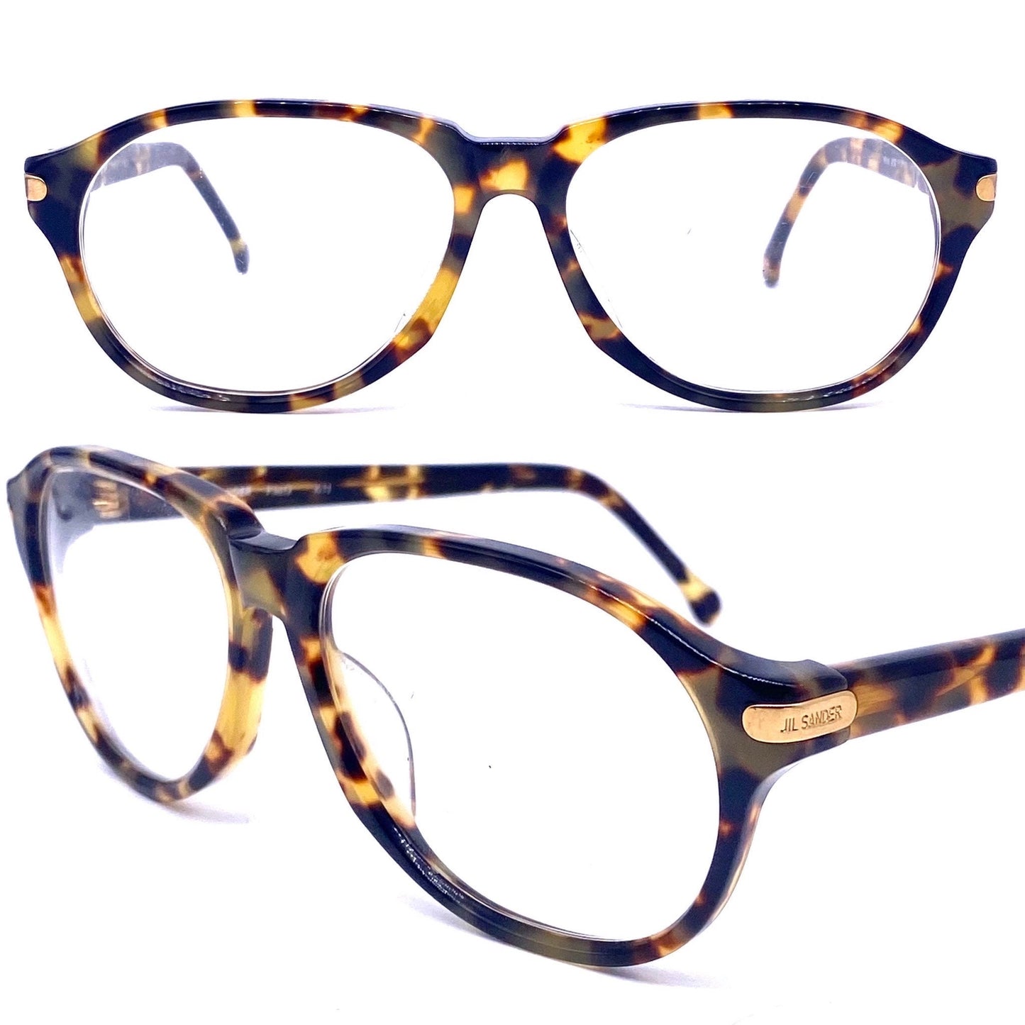 Jil Sander 252 tortoise cello eyeglasses frames, aviator drop shaped glasses hand made in Italy, NOS 90s