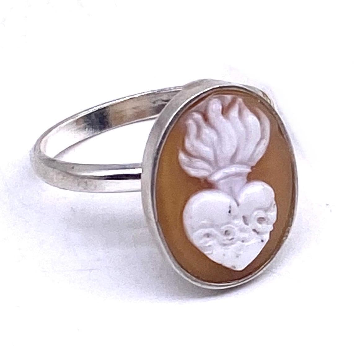 Sacred Heart of Jesus 925 silver cameo ring w real coral/shell ex voto, finest Italian jewelry 60s NOS