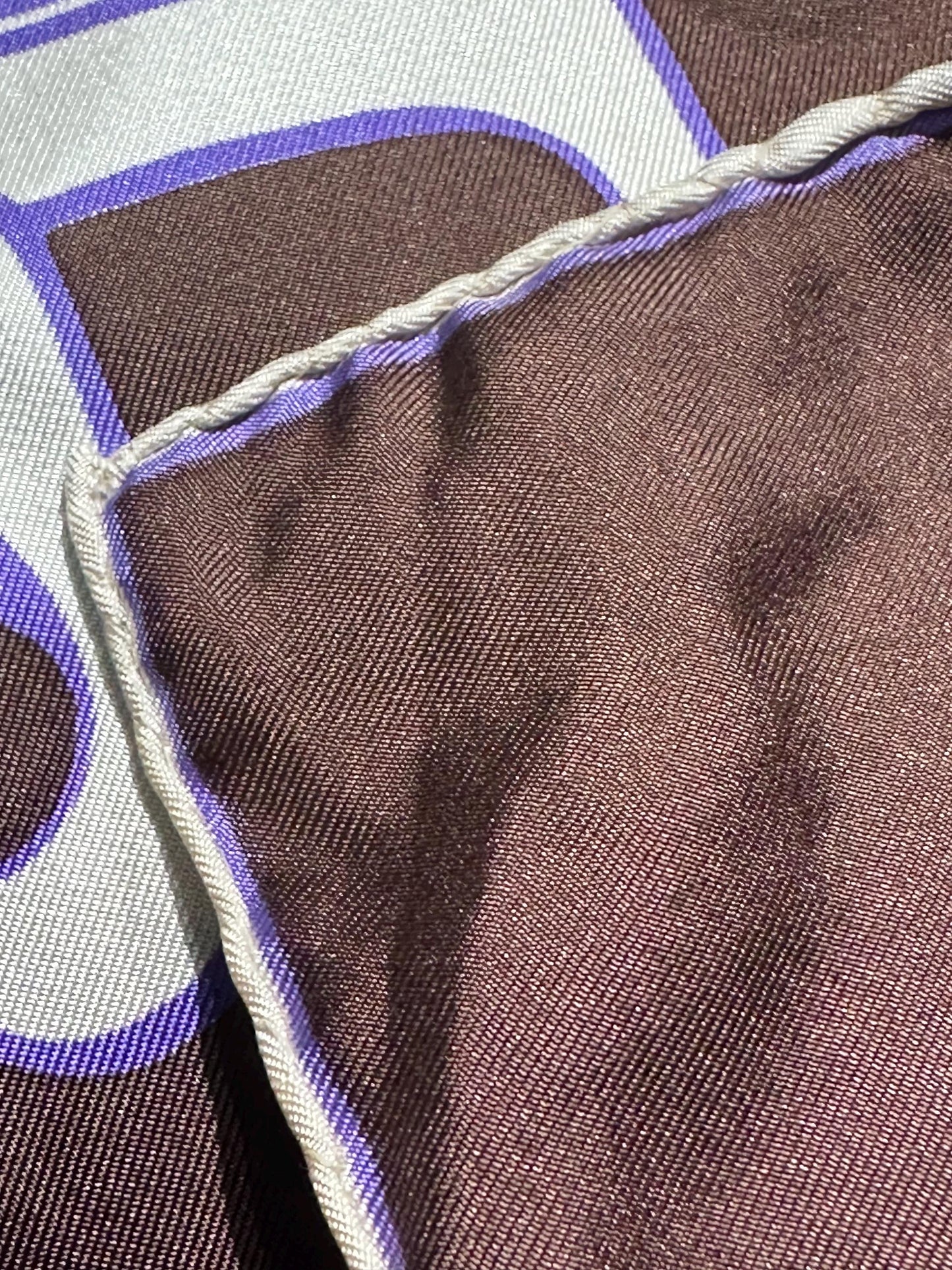 Lot of pure silk pocket squares / handkerchiefs w hand sewn borders, iconic abstract designs, 1970s NOS