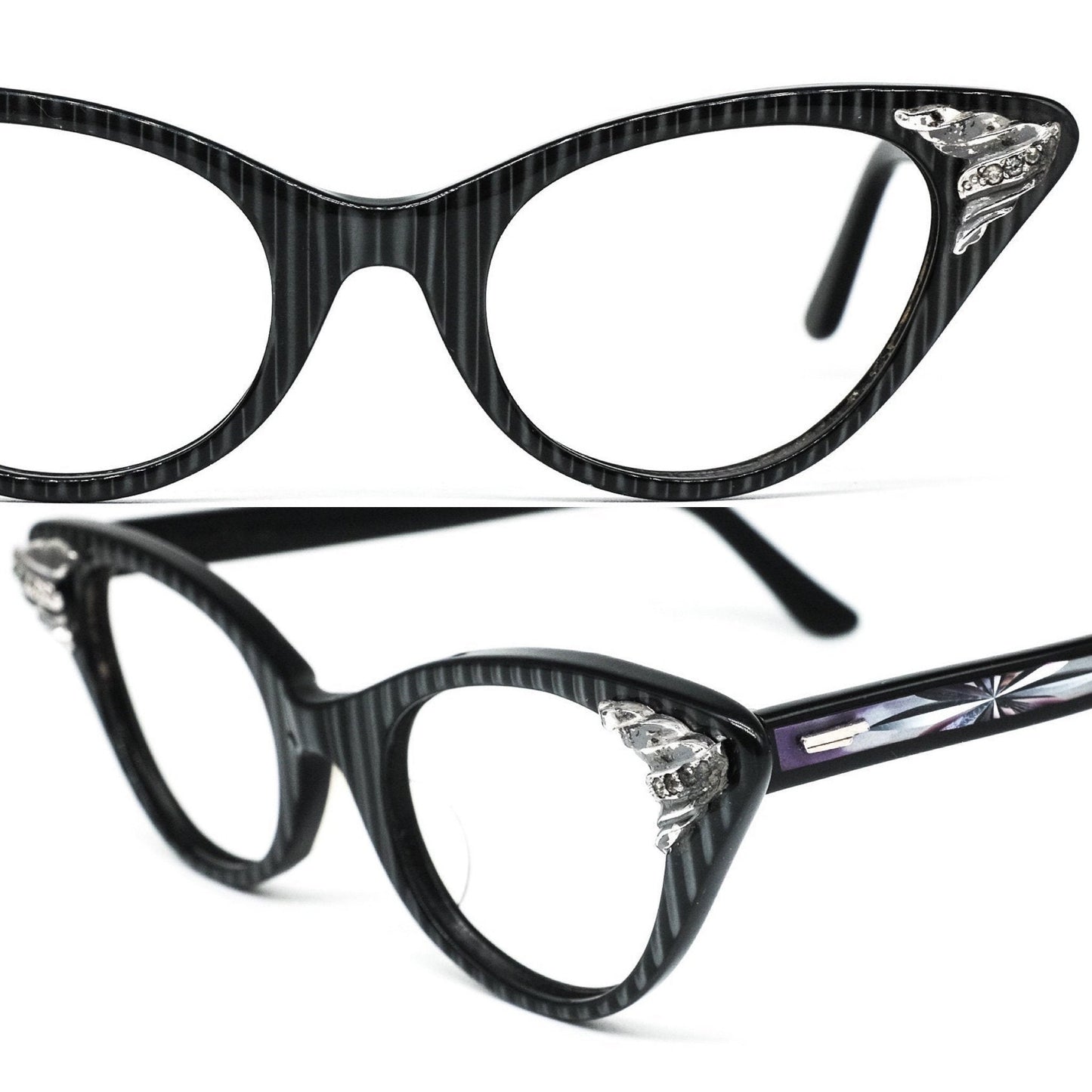 Shuron rare vintage black cateye eyeglasses frames with special hinge pins and temples design, USA 1950s NoS