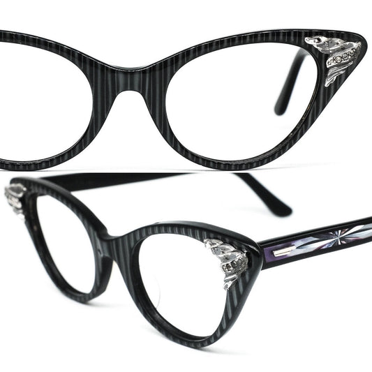 Shuron rare vintage black cateye eyeglasses frames with special hinge pins and temples design, USA 1950s NoS